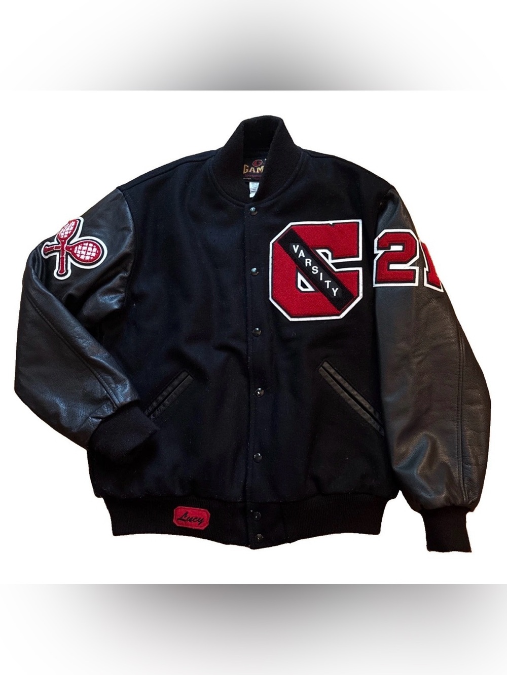 Vintage Tennis Varsity Black & Red Letterman Bomber Jacket Women’s M